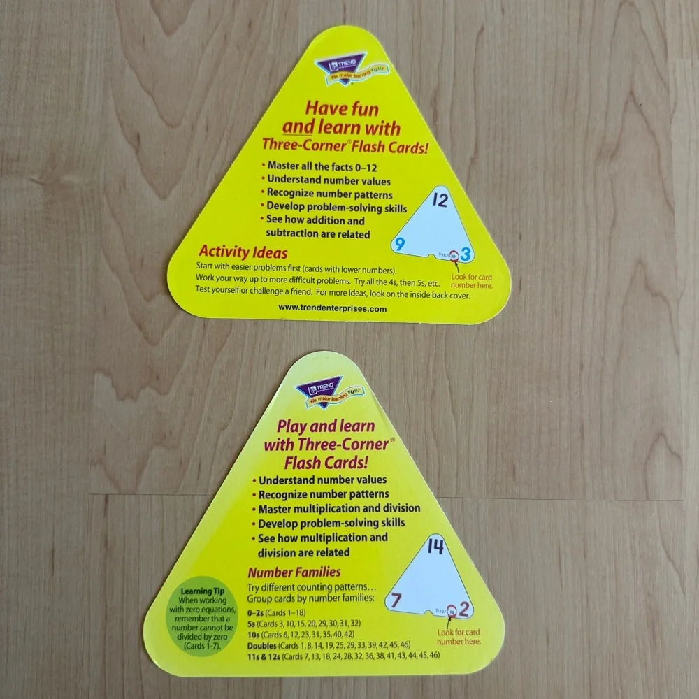 Lot of 2 Three-Corner Flash Cards: Addition/Subtraction, Multiplication/Division